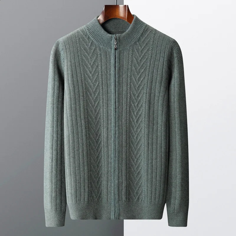 Autumn and winter 100% pure wool mens stand collar thickened cardigan cashmere sweater casual knitted plus size top w240824