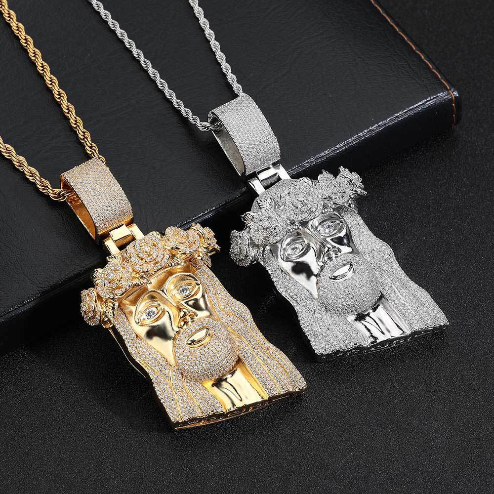 Hip Hop Garland esus Face Pendant Necklace Full Zircon 18k Real Gold Plated Mens Jewelry