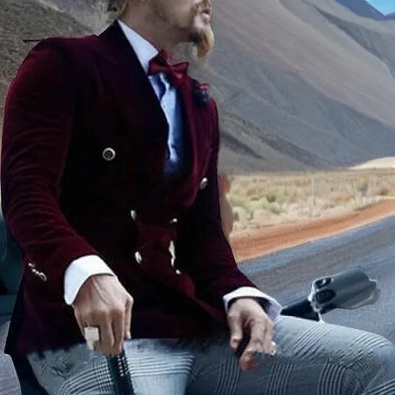 Velvet Smoking Jacket for Men Double Breasted Casual Suit Blazer Slim Fit 1 Pcs Burgundy Groom's Fashion Coat 2024