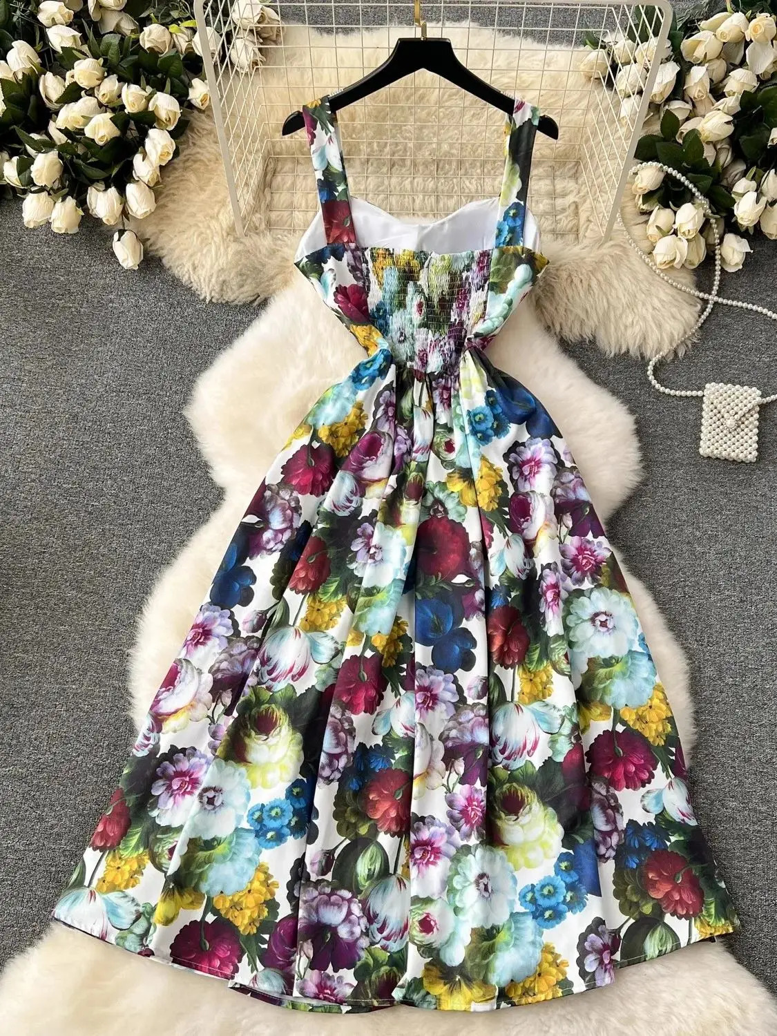 Summer Holiday Print Party Flower Dress Womens Cotton Padded Spaghetti Strap Zipper Elastic Backless Midi Boho Robe Vestidos 240810