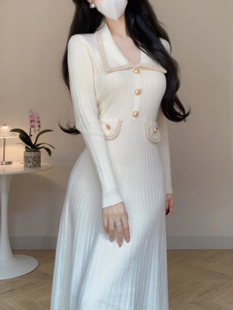 Women French Knitted Dress Autumn Winter Slim A-line Lapel Casual Knitted Dresses Ladies Elegant Long Sleeve Midi Dress 240819