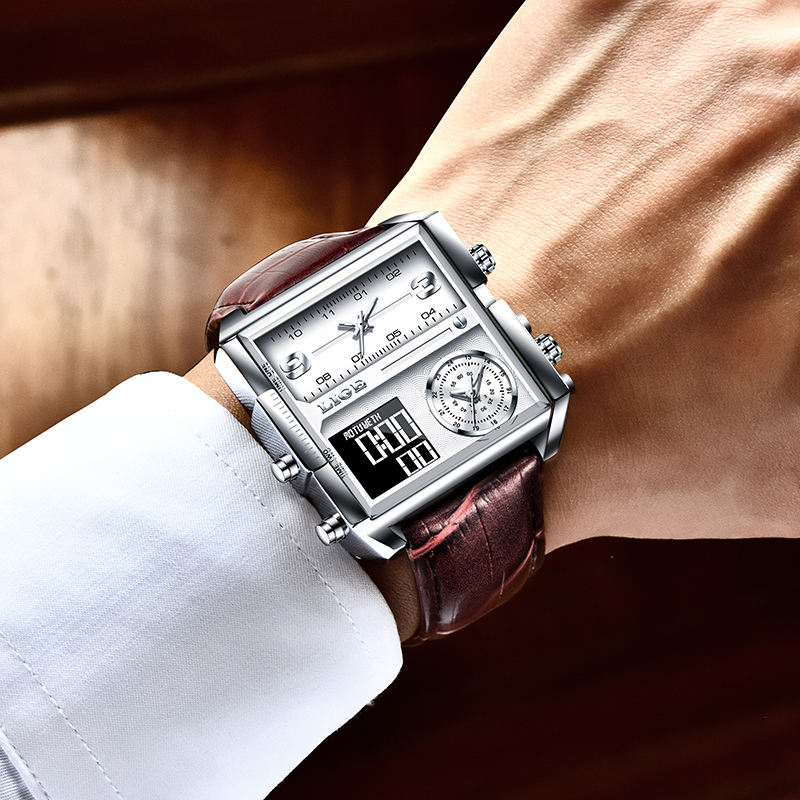 LIGE new dual display electronic watch men's waterproof timing code watch multifunctional leather strap watch