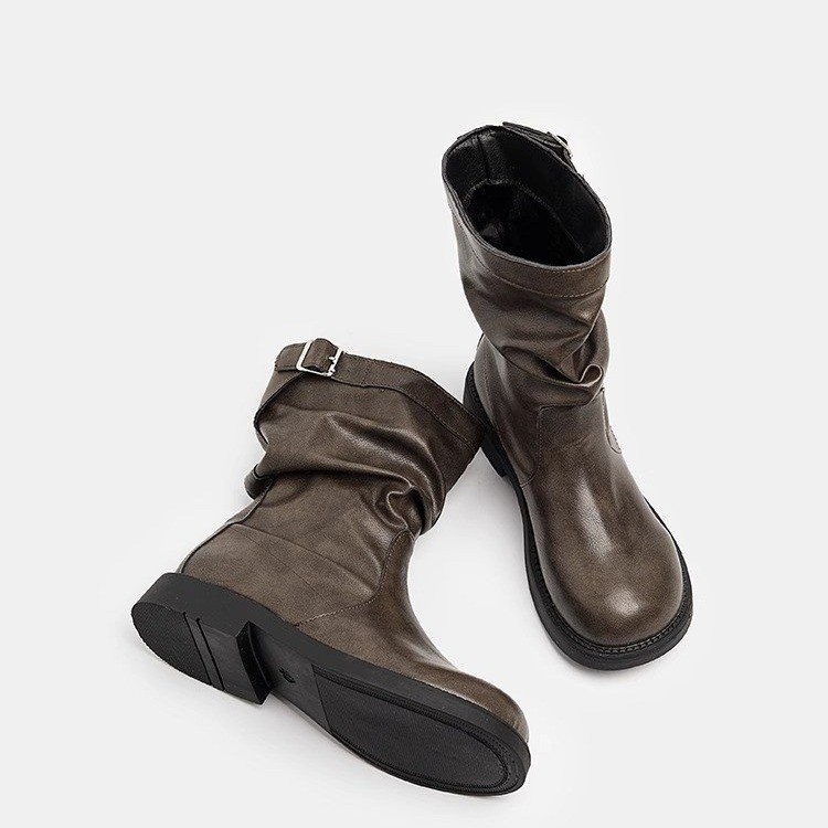 Korean Style Spring/Autumn Brown Round Toe Pleated Mid Calf Martin Boots.