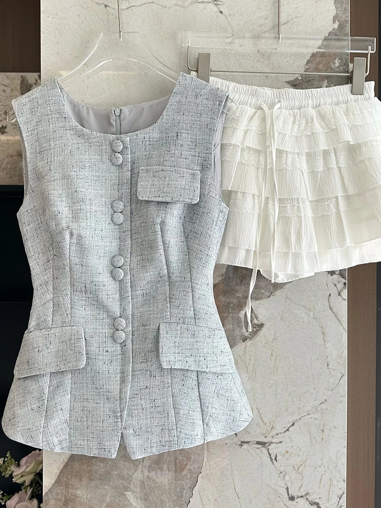 Summer Women Old Money Birthday Aesthetic Office Lady Suit Outfits 2 Piece Set Vintage Tank Top Vest Ballet Core Mini Skirts 240810