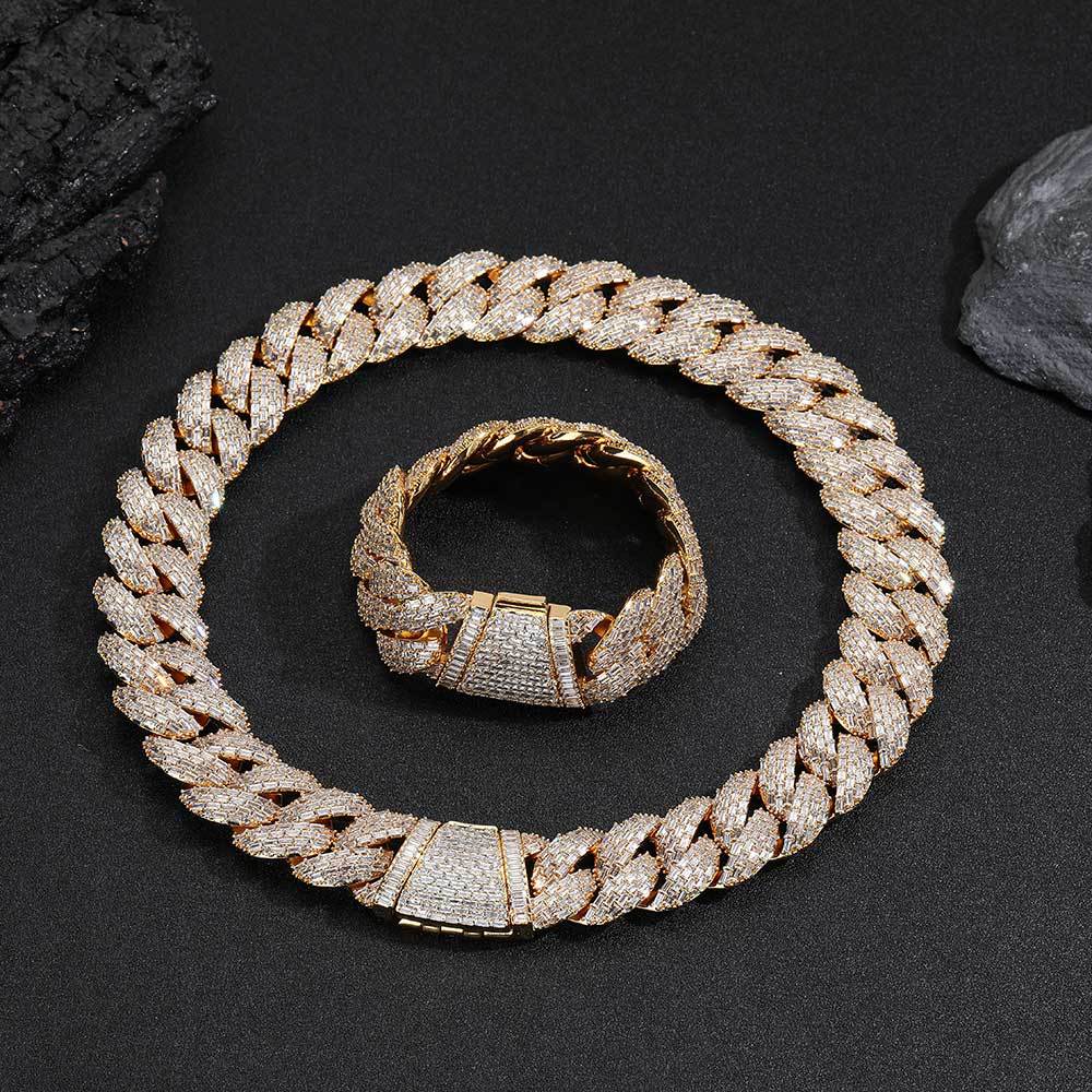 24mm Hip Hop Bubble Cuban Link Chain Necklace Bracelet 5A T Zircon Gold Plated