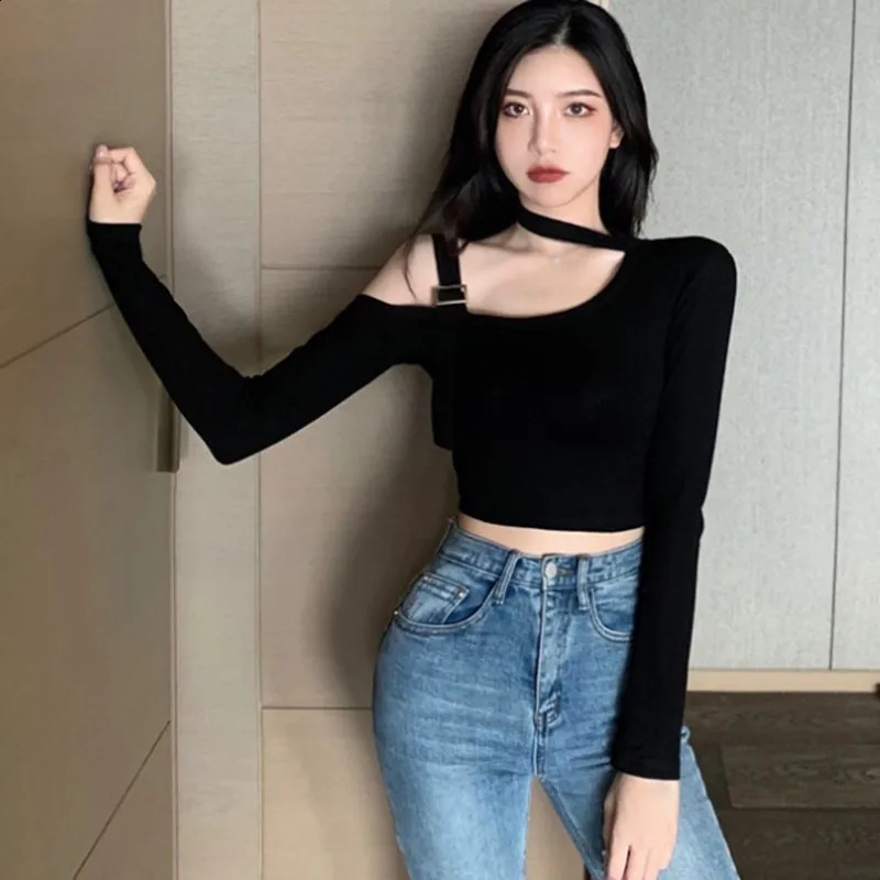 Sexy Fashion Korean Edition Irregular Hanging Neck Off Shoulder Sexy Slim Fit Off Navel Long sleeved T-shirt 240810