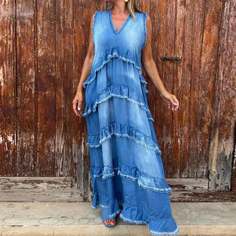 Summer Patchwork V-neck Denim Pullover Dress Elegant Women Layered Ruffle Party Dress Retro Sleeveless Jeans Long Dress 240810