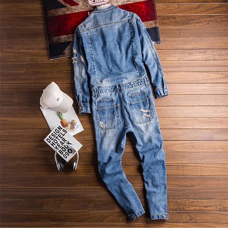 Street mens denim jumpsuit hip-hop streetwear ripped jeans full set of slotted cargo pants fashionable cargo ship240809