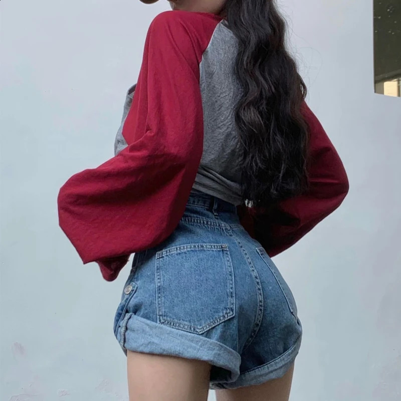 Womens fashion retro letter printing patch work hollow oversized T-shirt casual street wear Y2K O-neck long sleeved top Ropa De Mujer 240826