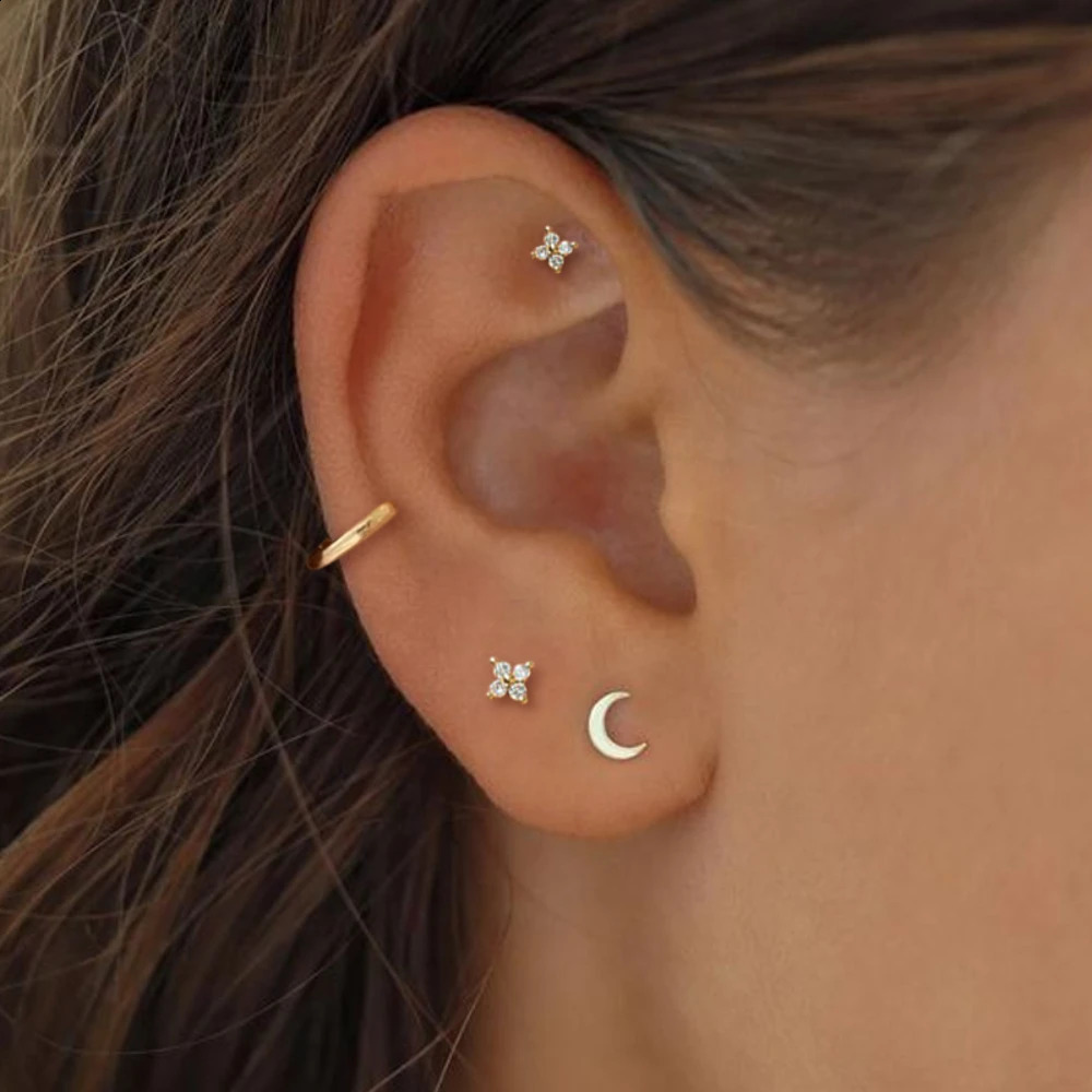 Dainty Flower Stainless Steel Stud Earrings for Women Piercing Cartilage Ear Ring Cute Zircon Gold Color Clover Jewelry Gift 240807