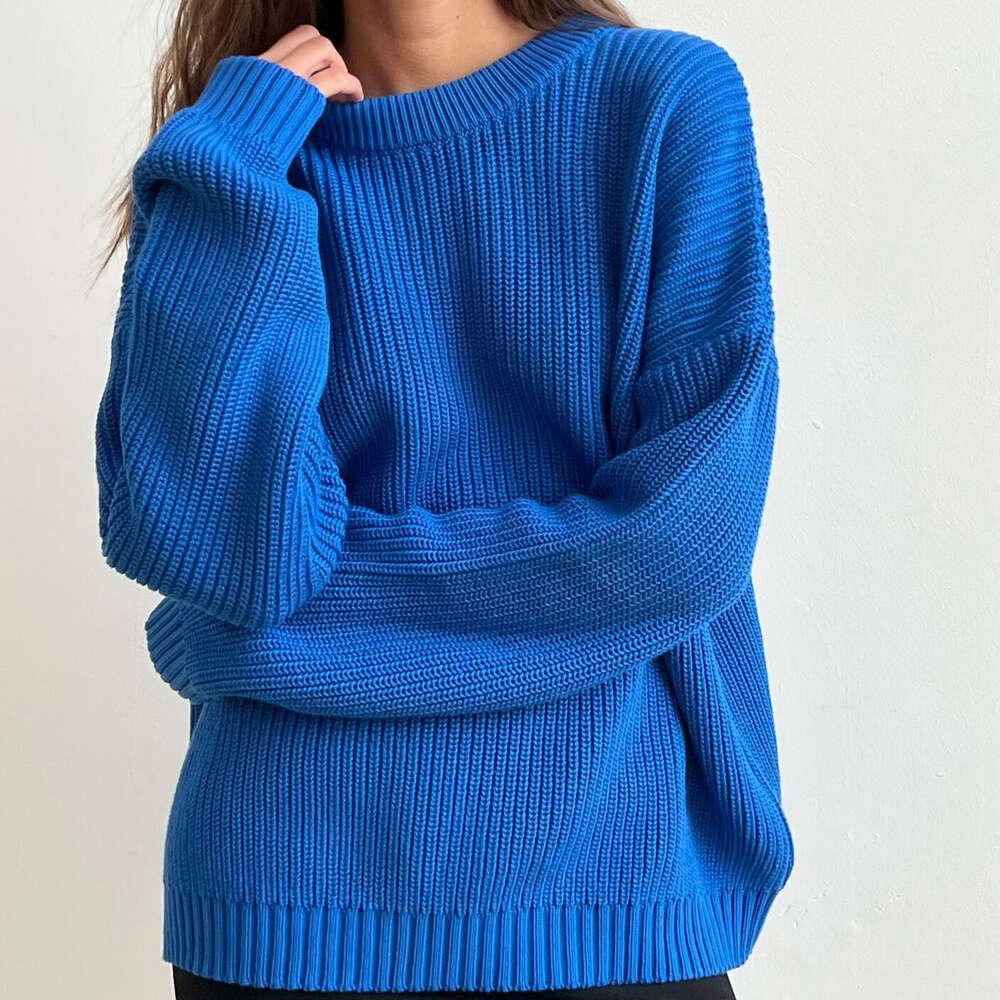 Solid color round neck thick women, 2023 autumn and winter new product, loose long sleeved lazy style pullover knitted sweater for women dongdumaoyi