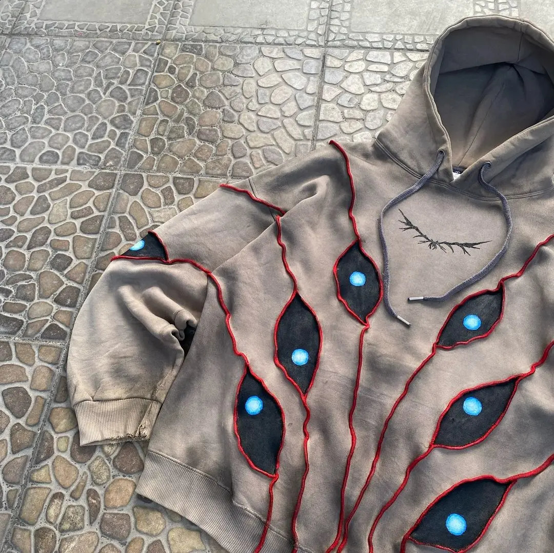 Gothic Punk Eye Pattern Patchwork Hoodies Women Y2k Top Retro Loose Long Sleeve Sweatshirt Men and Women Hoodie Streetwear 240810