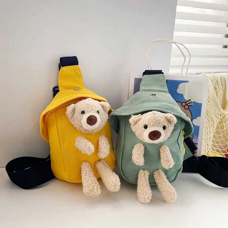 Cartoon Plush Bear Kids Chest Bag Cute Canvas Messenger Bag Children Outdoor Zipper Waist Pack Y240809