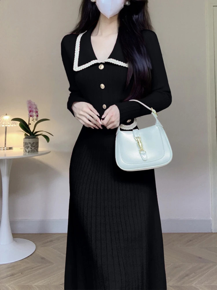 Women French Knitted Dress Autumn Winter Slim A-line Lapel Casual Knitted Dresses Ladies Elegant Long Sleeve Midi Dress 240819