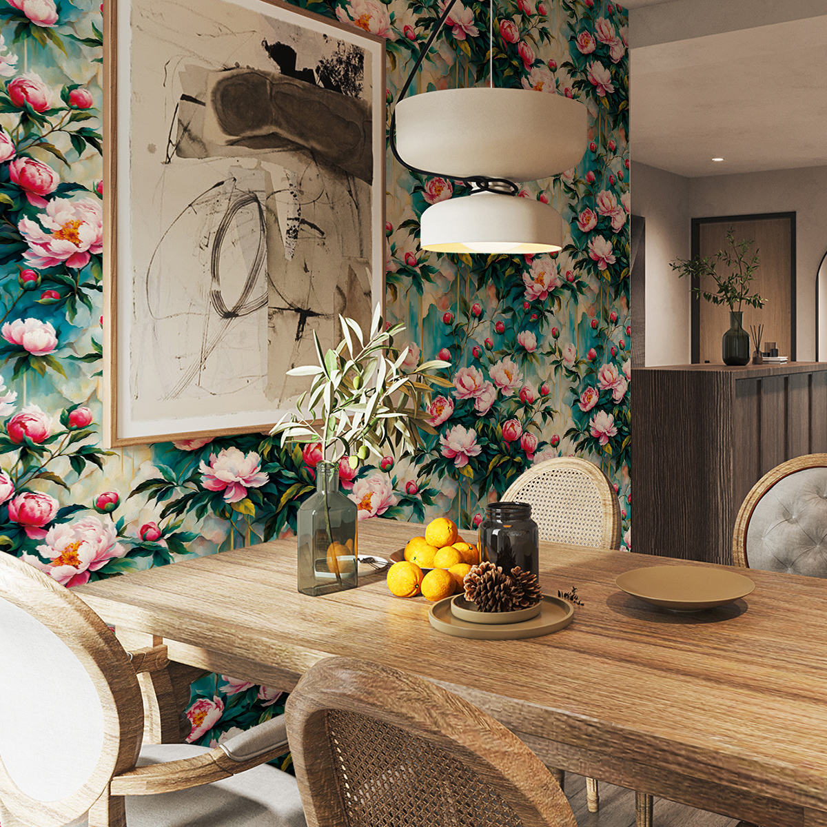 Cross border wallpaper green plants floral patterns vintage personality watercolor peony waterproof and moisture-proof home decoration
