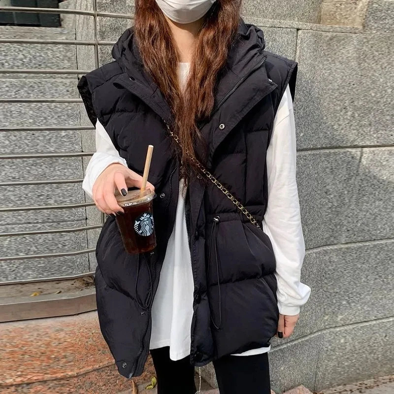 Winter Hooded Big Size 4xl Vest Warm Puffy Sleeveless Jackets Thicken Down Cotton Chaleco Fashion Adjustable Waist Waistcoat 240809