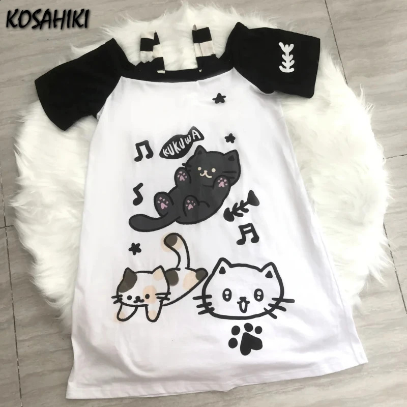 Kawaii Cute Cartoon Print Tshirt Japanese Patchwork Women Off Shoulder Short Sleeve Top Summer Y2k Aesthetic Sweet Grunge Tees 240810