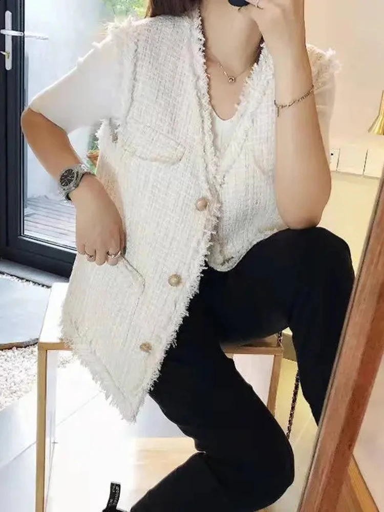 Korean Tweed Vest Jackets Oversized Sleeveless Coat Casual Chaleco Chaqueta Spring Summer Gilet Top Fashion Unlined Waistcoat 240810