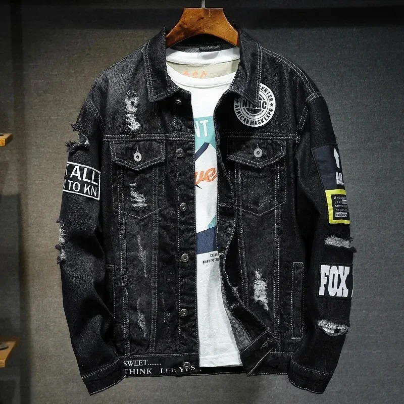 Men Denim Jacket High Quality Casual Torn Hole Men Denim Jacket Hip Hop Street Clothing Punk Motorcycle Split Print Denim Jacket 240810