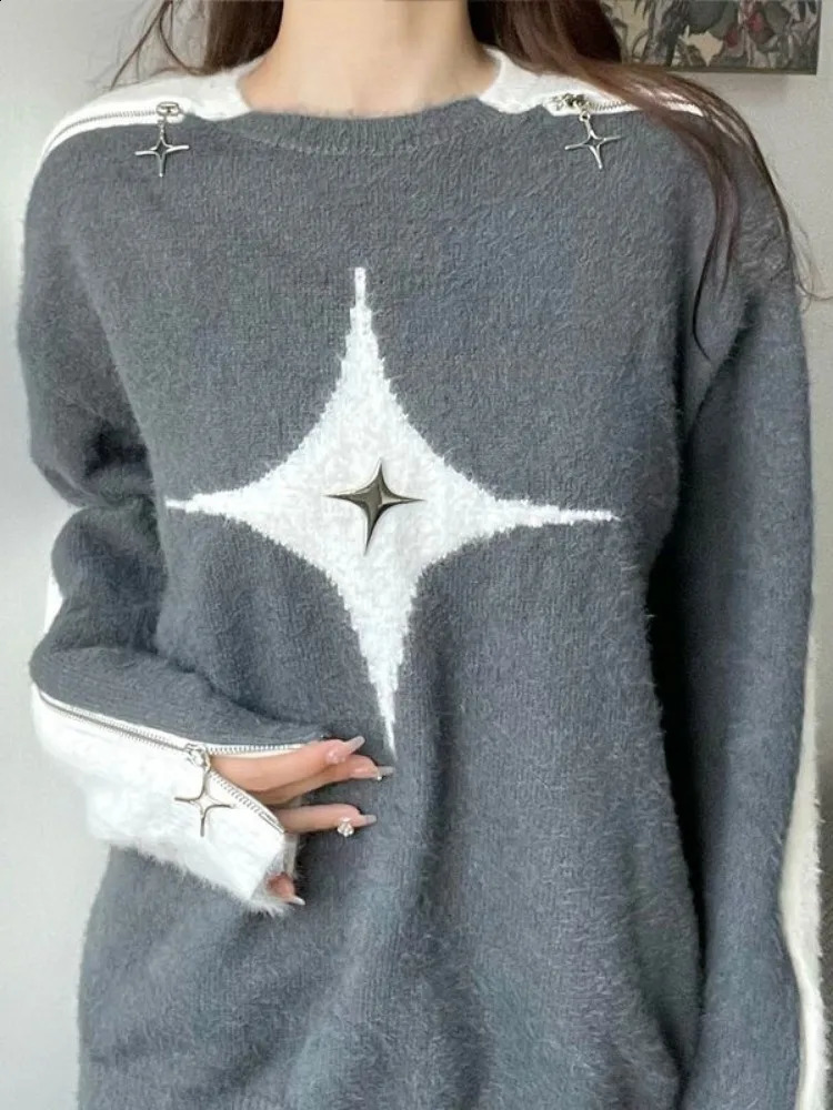 Y2k Fashion Strapless Sweater Womens Gothic Street Clothing Black Patch Work Star Jumper Harajuku Knitwear 240809
