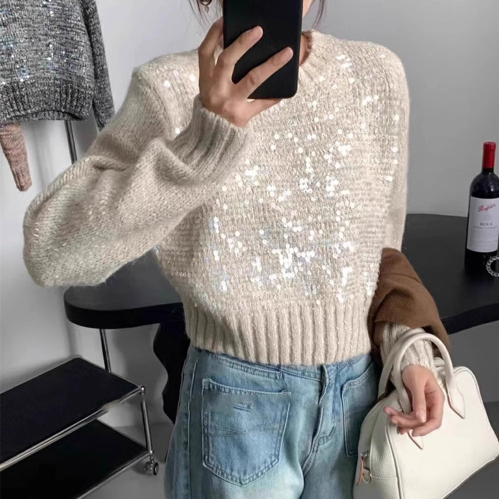 French sequin knit top for women's autumn and winter, new lazy style pullover with round neck, heavy-duty, super beautiful short sweater dongduma