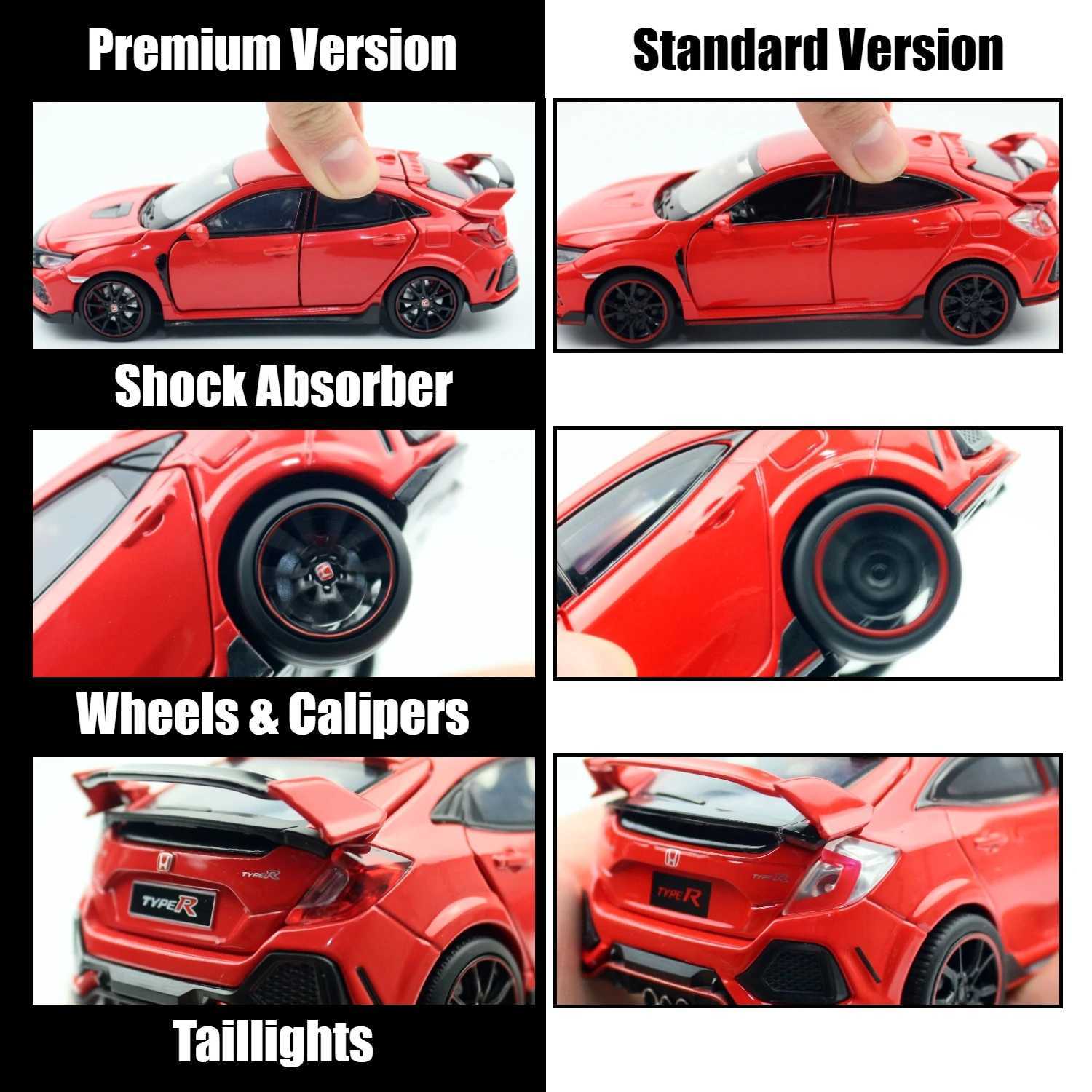 1/32 Honda Civic Type R Toy Car For Children Diecast Miniature Model Pull Back Doors Openable Sound Light Collection Gift Boys Y240809