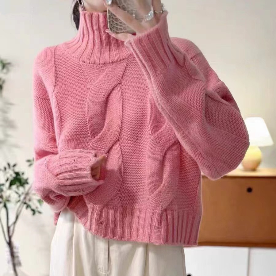 Wind Fried Dough Twists High Collar Pullover Sweater Autumn and Winter New Style Solid Color Broken Knit Undercoat for Women dongdumaoyi