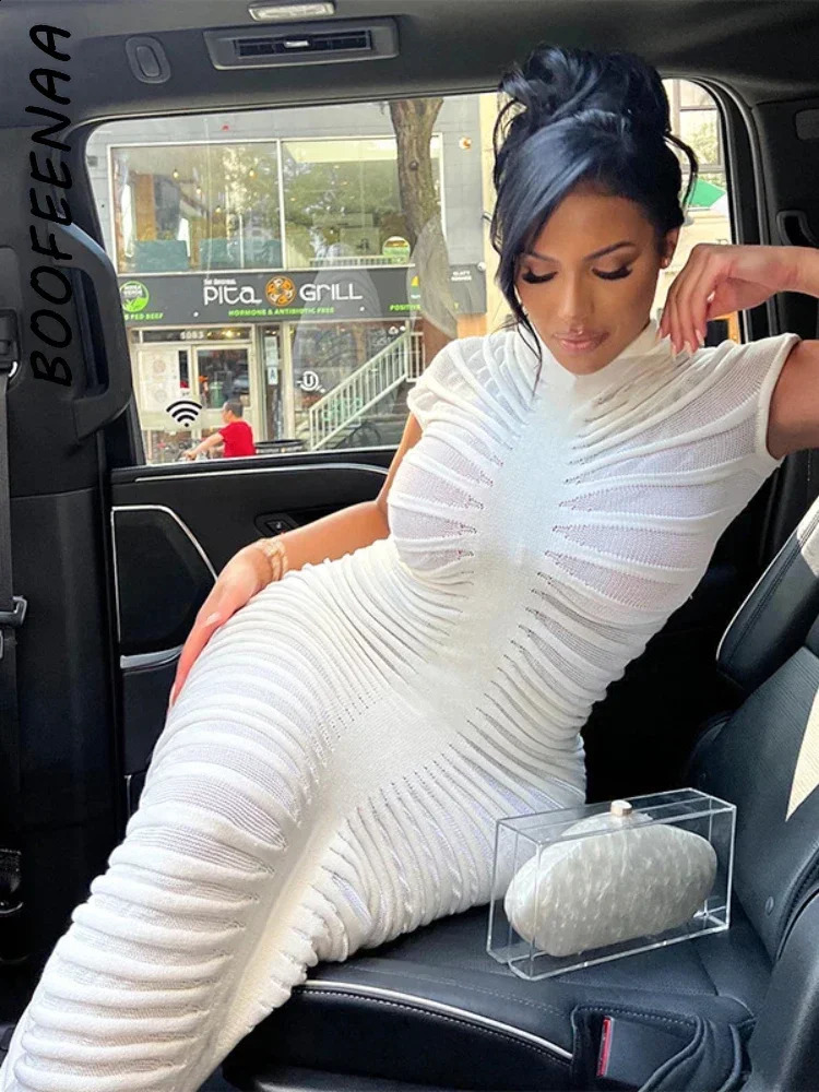 BOOFEENAA Knitted White Sweater Dress Womens Elegant Autumn Winter Short Sleeve Bodycon Long Dresses Celebrity C83-EZ36 240809