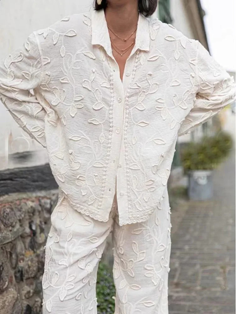 Loose Embroidery Print Pants Set Women Elegant Solid Lapel Long Sleeve Shirt Two Pieces Sets Spring Chic Female Streetwear 240809