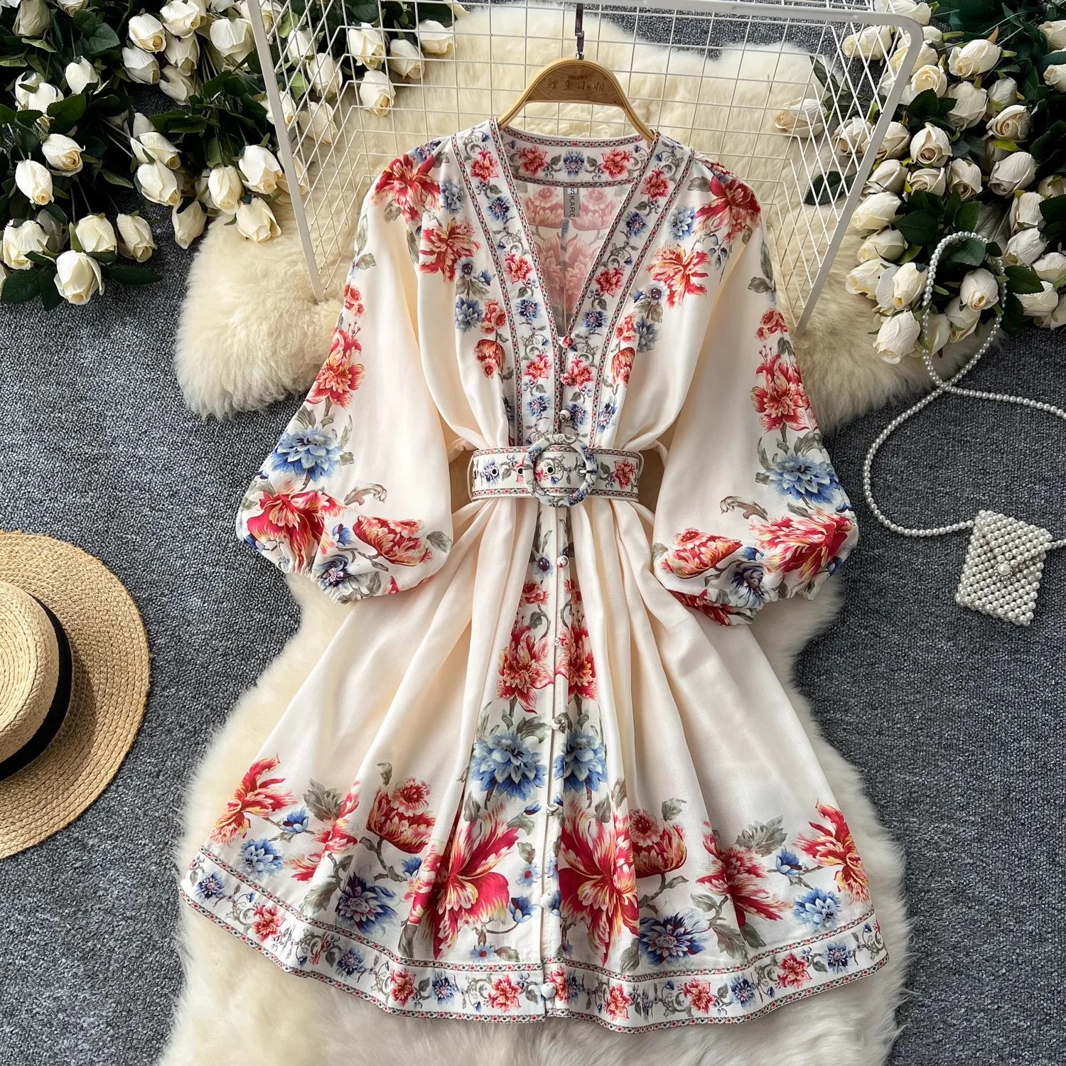 Autumn Floral Short Cotton Linen Dress Women V Neck Long Lantern Sleeve Single Breasted Belt Beach Mini Print Vestidos 240810