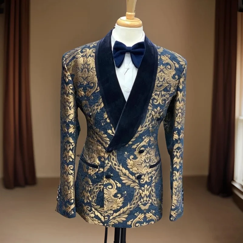 Floral Slim Fit Blazer for Men Suit 1 Pc Smoking Wedding Jacket with Velvet Shawl Lapel Double Breasted Male Fashion Coat 2024