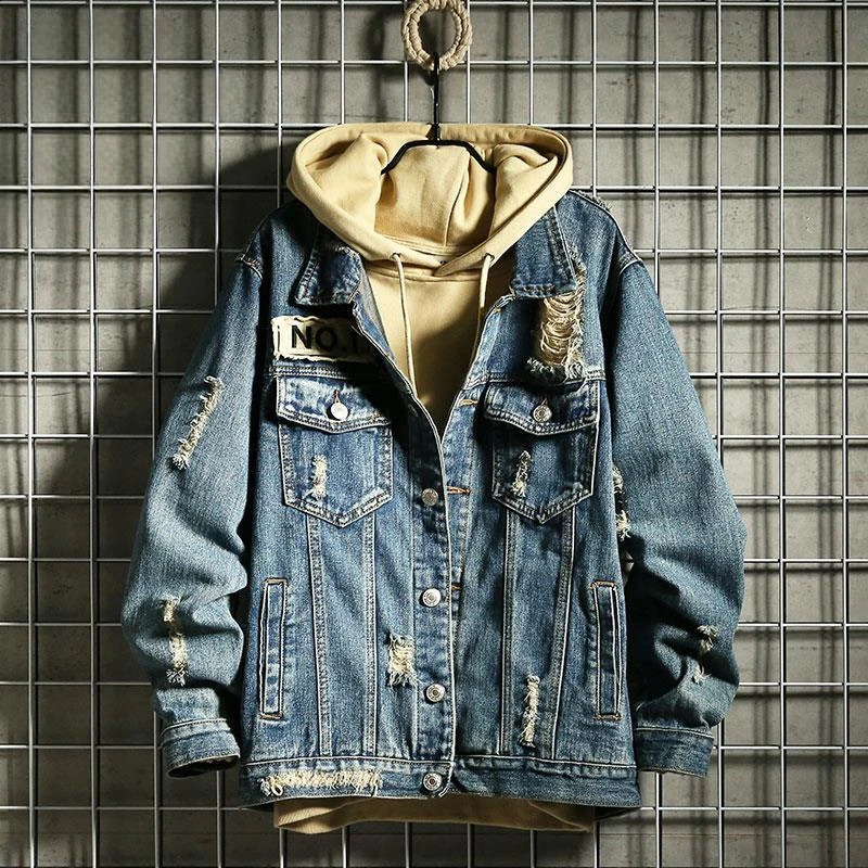 Mens Denim Jacket Patch Vintage Blue Male Jean Coats Ripped with Hole Washed Low Cost of Fabric Winter Outerwear Size L Y2k G 240816