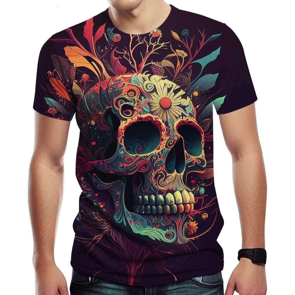 Halloween Mens T shirt Mens Novelty Floral Skull Short Sleeve Trippy Shirts shirts tshirt graphic tee Casual tops summer clothes Short sleeve 2025