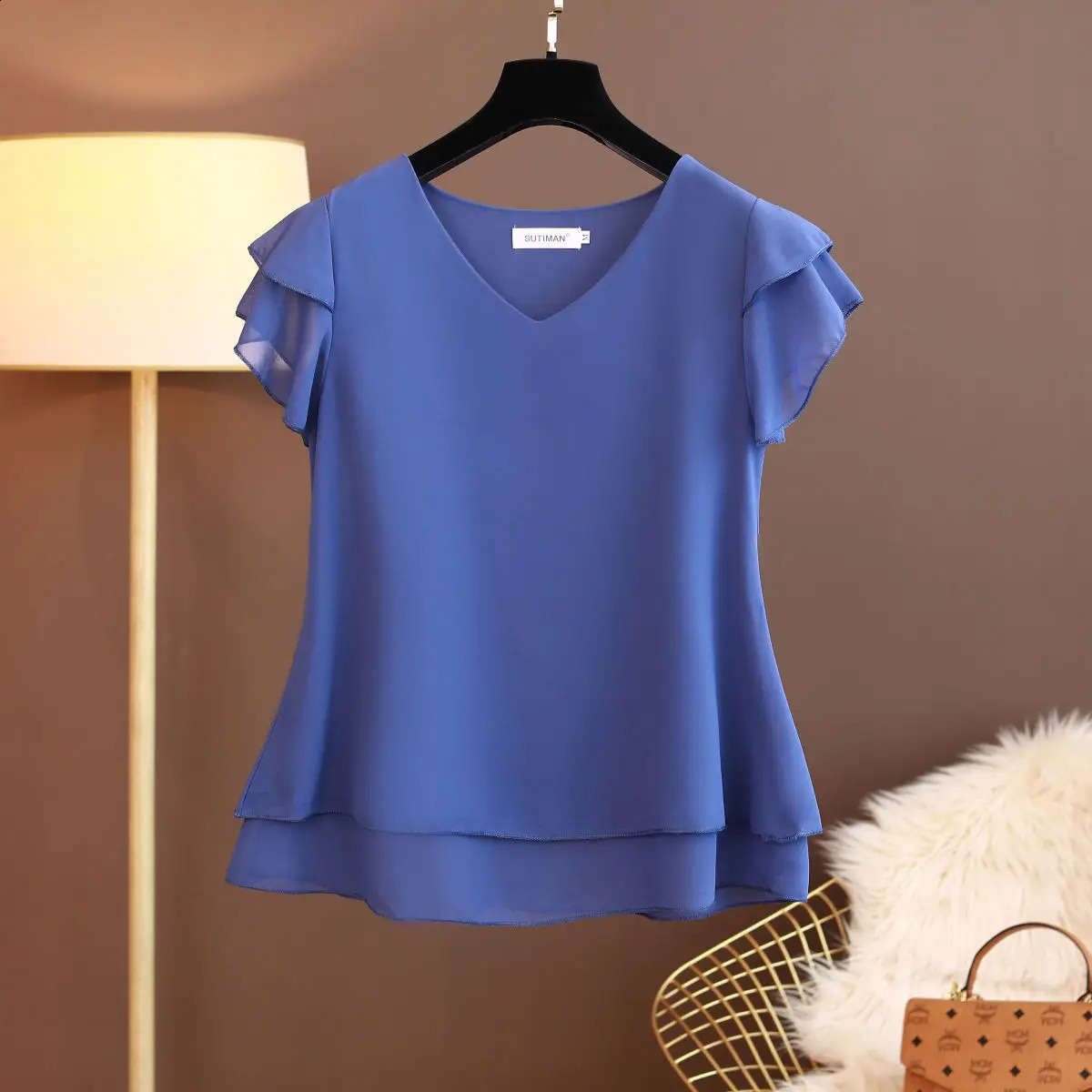 2024 Summer Womens Vneck Chiffon Shirt Loose Short sleeved Oversized Top Blusas Mujer De 240809