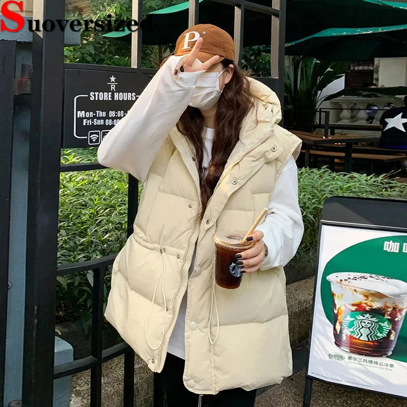 Winter Hooded Big Size 4xl Vest Warm Puffy Sleeveless Jackets Thicken Down Cotton Chaleco Fashion Adjustable Waist Waistcoat 240809