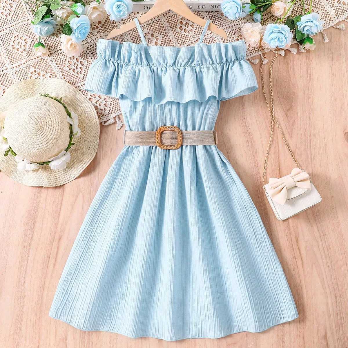 Girls casual dress single line shoulder strap patchwork lace dress childrens clothing girls aged 8 to 12 princess dress W250326
