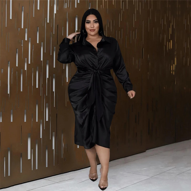 Shirt Women With Lace Up Long Sleeve Clothing Plus Midi Dress Sexy Satin Dresses Big Size Wholesale Drop 240810