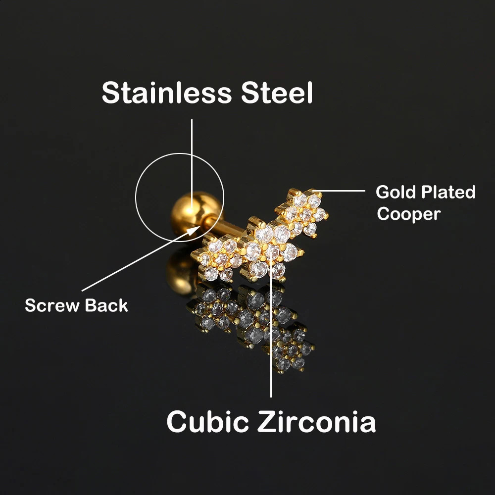 1pc Tragus Rook Piercing Earring Zircon Flower Dangle Chain Stud Helix Lobe Ear Cartilage Accessories Gold Color Women Jewelry 240807