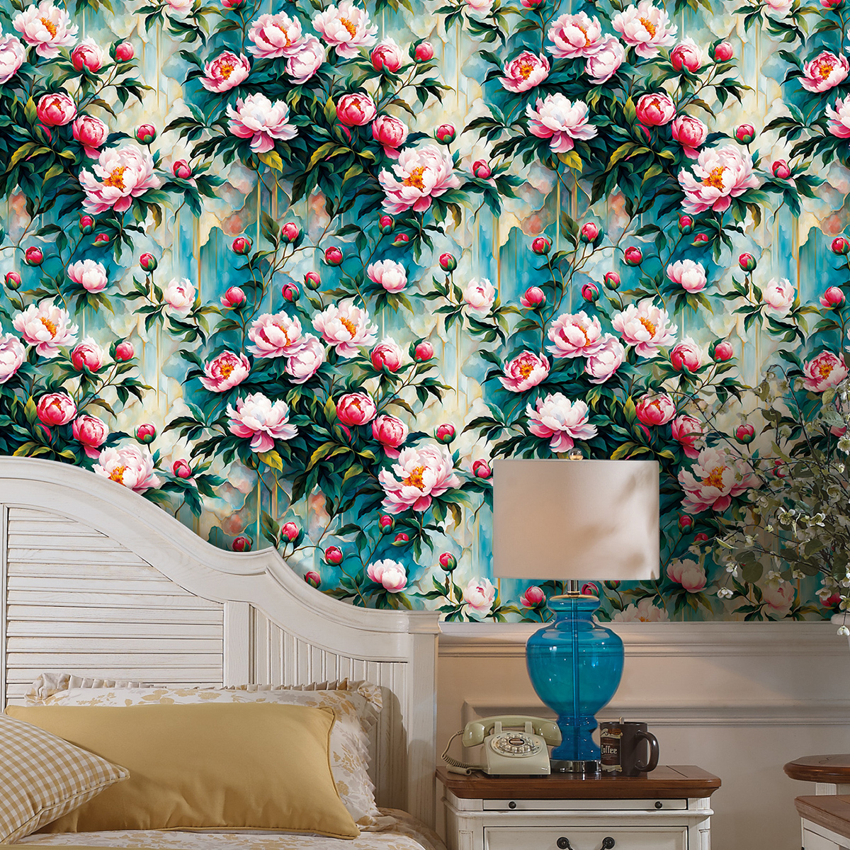 Cross border wallpaper green plants floral patterns vintage personality watercolor peony waterproof and moisture-proof home decoration