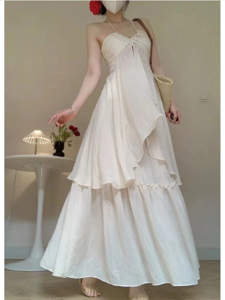 White 2 Piece Dress Sets Summer French Romance Elegant Halter Blouse Sweet Skirts Fairy Style Beach Party Aesthetic 240810