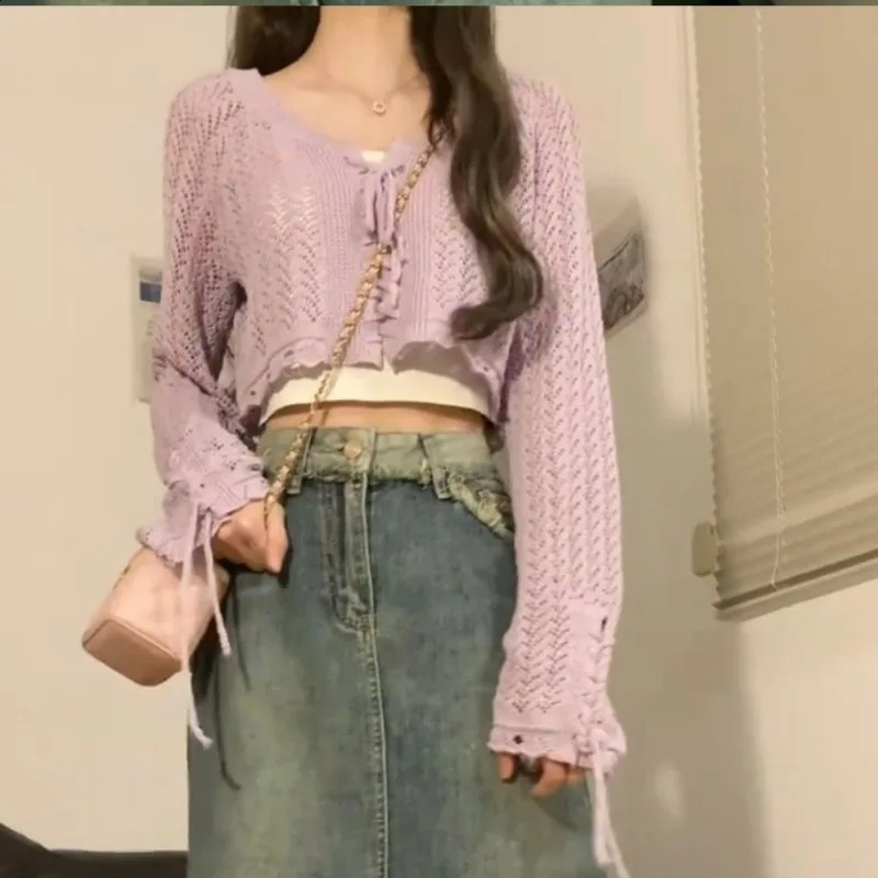 Deeptown Crop Lace Up Women Knit Cardigan Y2K Long Sleeve Hollow Out Kintwear Gyaru Slim Vintage Korean Style Sweater Harajuku 240812