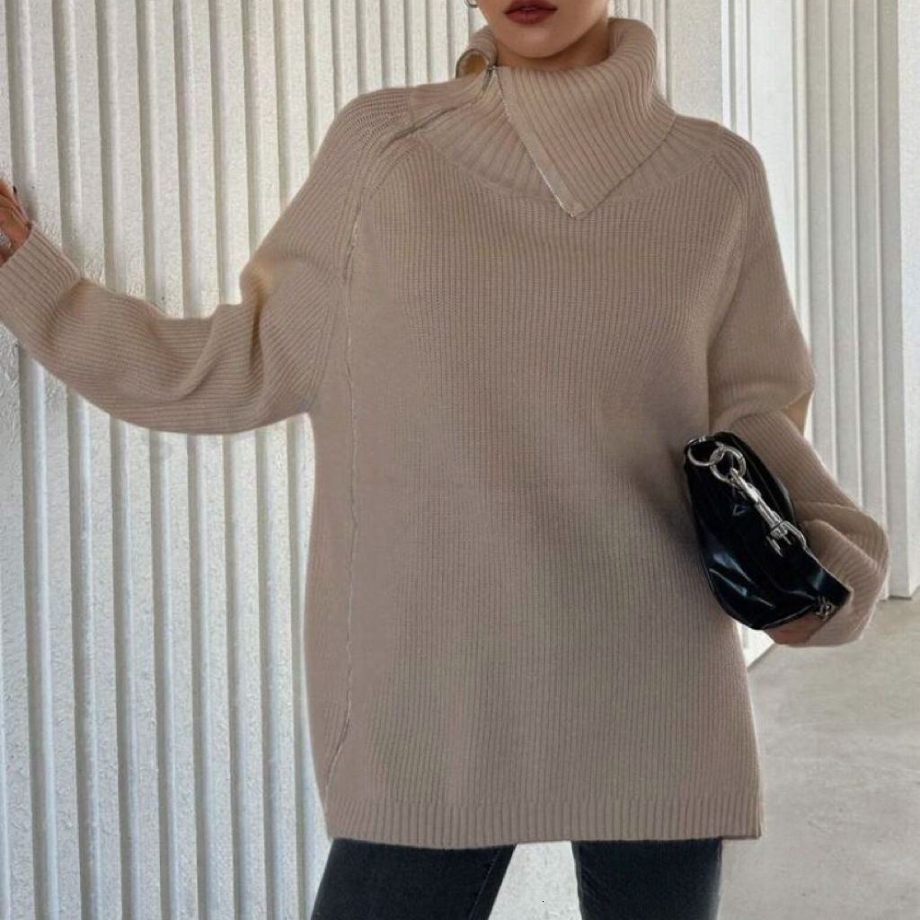 Sweater Womens Autumn/winter Womens New Loose Medium Long Style Lazy Wind Side Zipper Collar Knitted Sweater Women