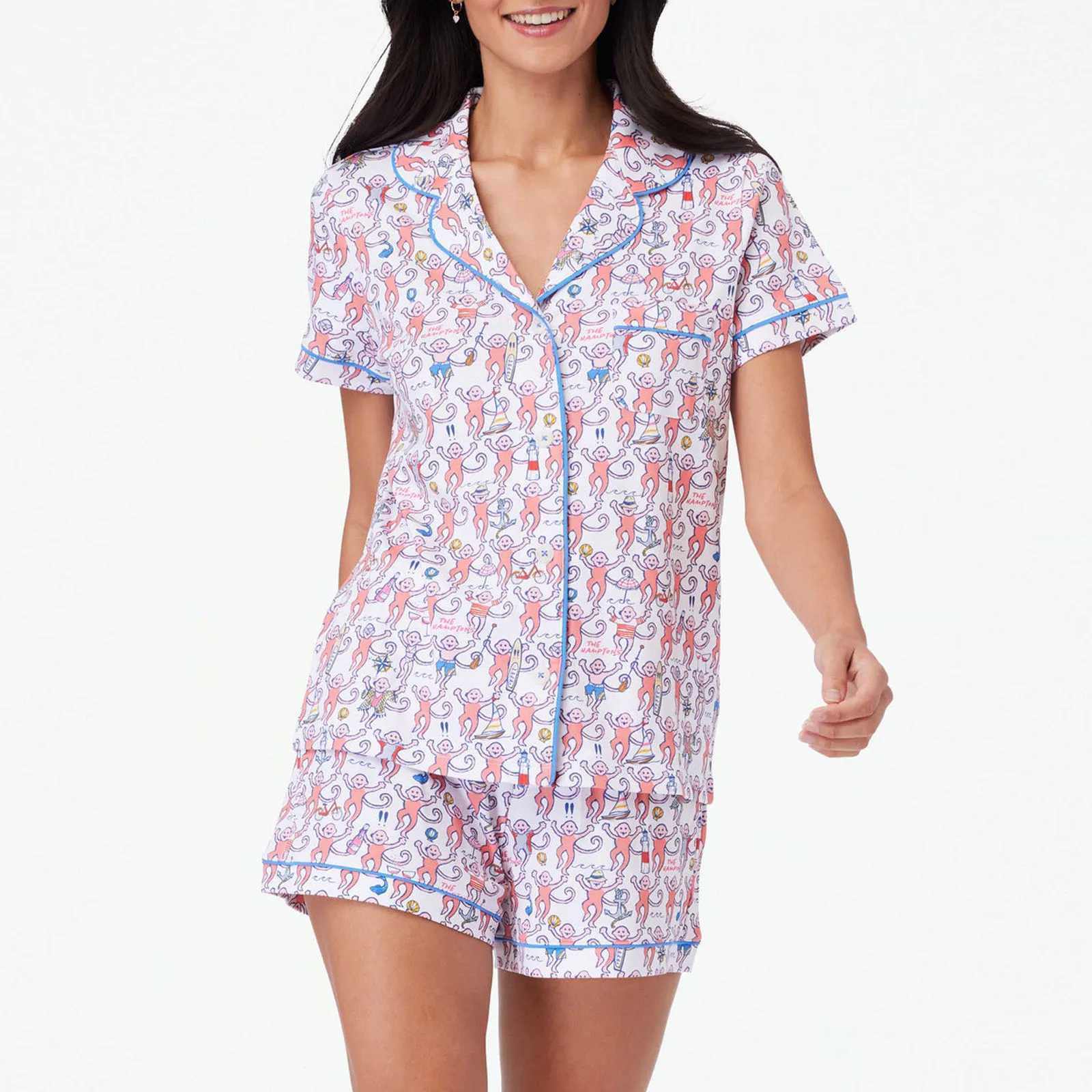 Womens Sleepwear Womens Cute Roller Rabbit Pajama Monkey Print Slep Womens Pajama Shorts Set 2-piece Short Sleve Pre made Matching Pj Set T240809
