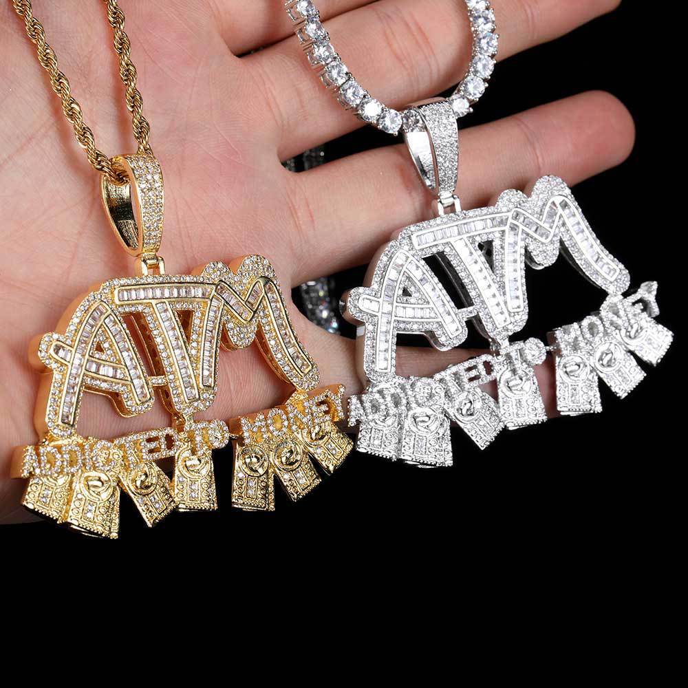 Charm ATM Dollar Letters Pendants Necklace 18K Gold Plated Men T Zircon Rap Jewelry