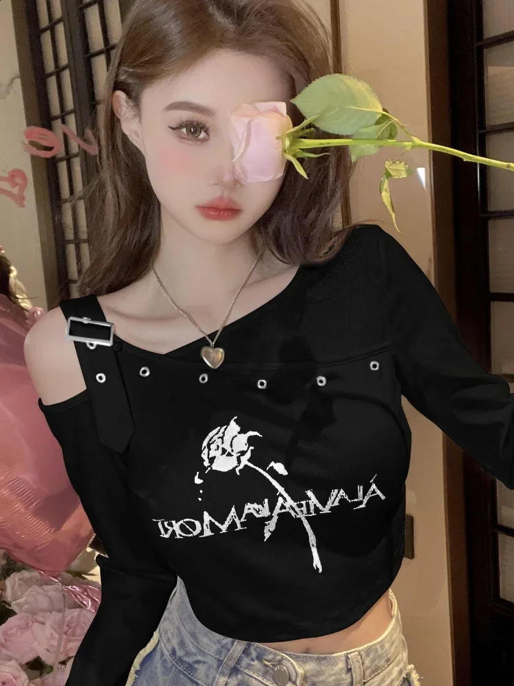 Irregular shoulder long sleeved fairy T-shirt Y2k aesthetic high waist cut top womens letter rose print Harajuku ultra-thin T-shirt 240826