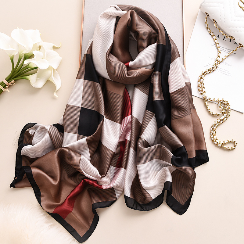 Designer Brand Women Silk Scarf Plaid Long Scarves Beach Pareo Stole Foulard Femme Bandana Hijab Lady Shawls and Wraps