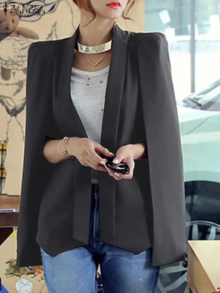 ZANZEA Women Lapel Cloak Blazer Fashion Split Sleeve Coat Autumn Office Solid Cape Casual OL Black Suit Jacket Workwear 240810