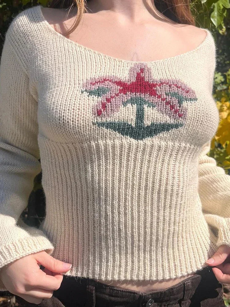 Retro Floral Sweaters Women Y2K Aesthetic Long Sleeve Cropped Jumper Tops Autumn Winter Casual Slim Sweater Pullover 240809
