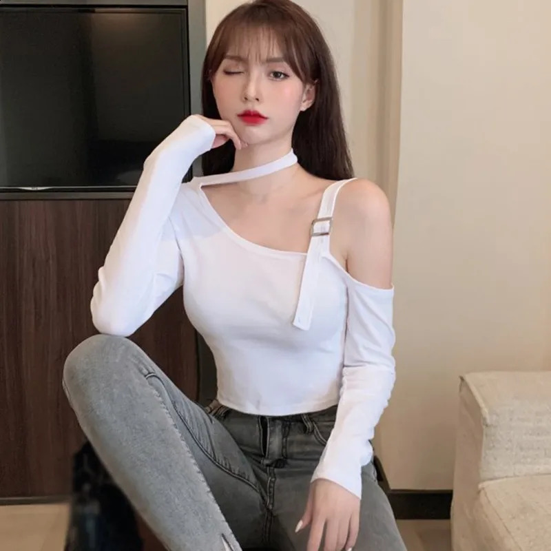 Sexy Fashion Korean Edition Irregular Hanging Neck Off Shoulder Sexy Slim Fit Off Navel Long sleeved T-shirt 240810