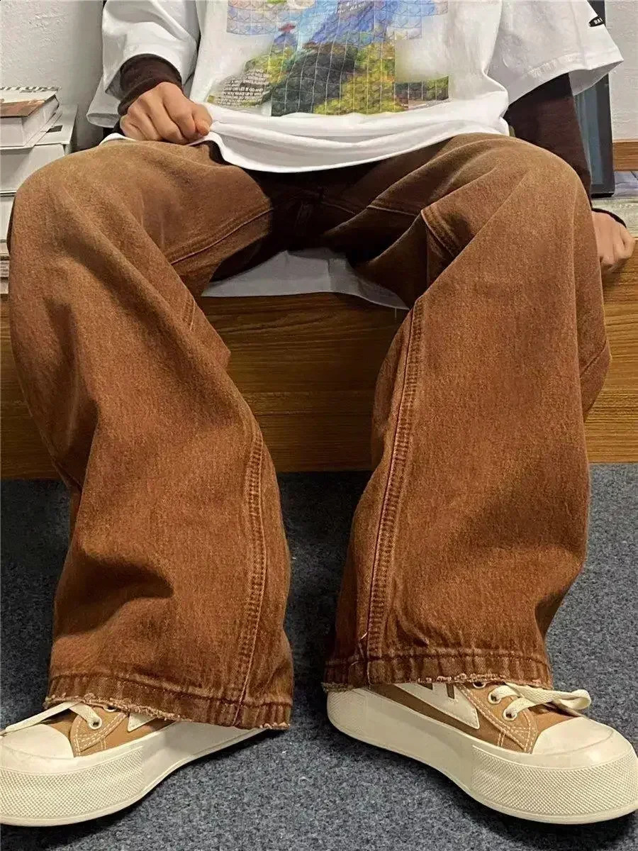 Mens Trend Street Hip Hop Straight Tube Loose Wide Leg Casual Long Pants Vintage Harajuku Gradient Wash Jeans Versatile Daily 240814